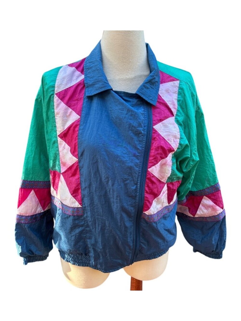 80s Windbreaker Colorblock Jacket In Green Pink Blue Nylon Size Medium Vintage